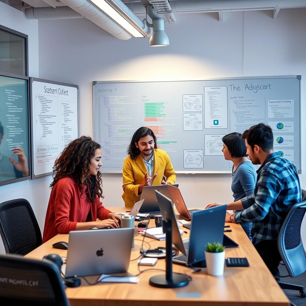 Software development team collaborating in a modern office