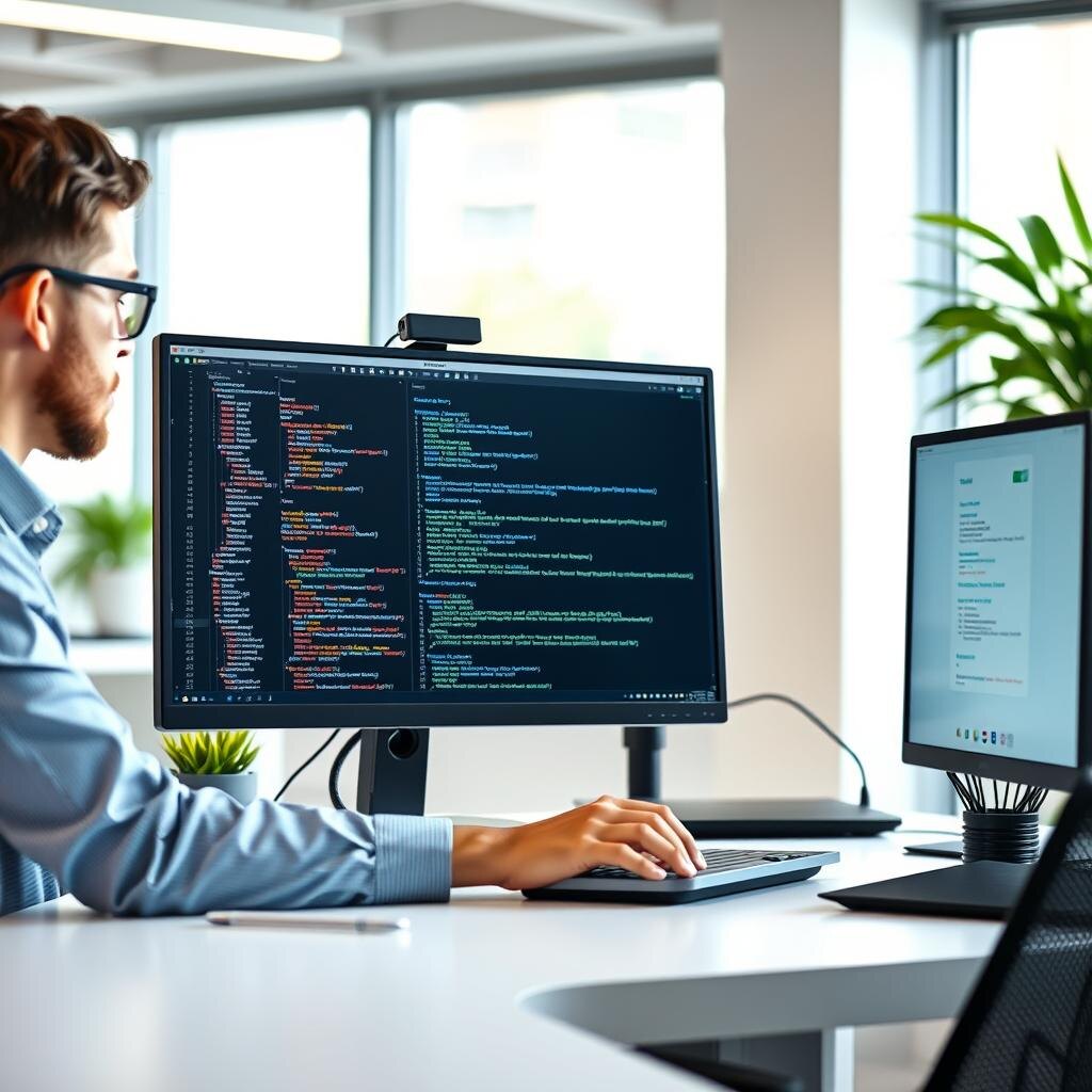 Python developer working on code at a modern workstation